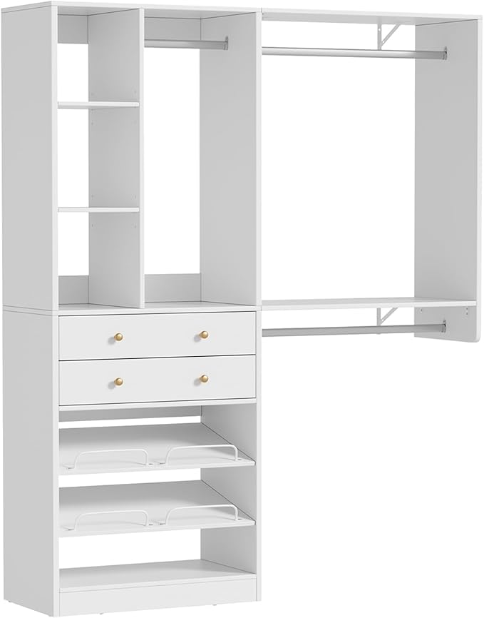 5FT Closet System with Drawers, 96 Inches Walk In Closet Organizer System with Shoe Rack, 3 Hanging Rods, Wall Mount Bedroom Wardrobe Clothes Garment Rack