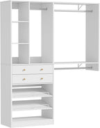 5FT Closet System with Drawers, 96 Inches Walk In Closet Organizer System with Shoe Rack, 3 Hanging Rods, Wall Mount Bedroom Wardrobe Clothes Garment Rack