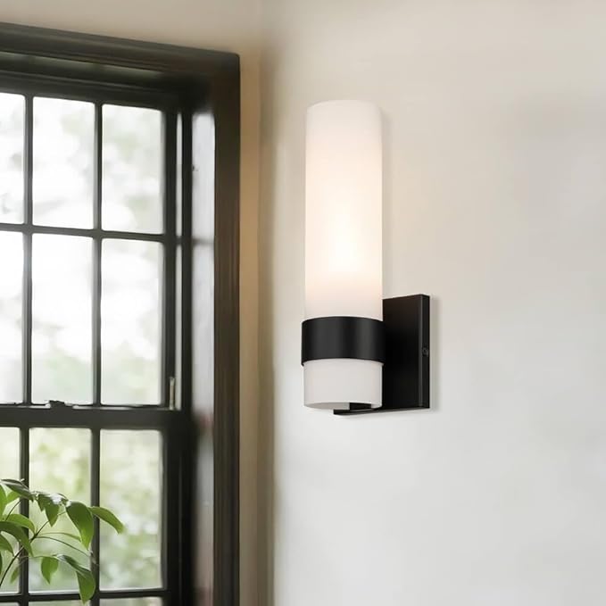 XiNBEi Lighting Black Wall Sconce, Modern Bathroom Sconce Light with White Glass Single Wall Light Fixtures for Hallway Bedroom & Living Room Corridor XB-W1185-MB