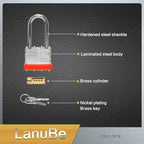 LanuBe Lock Laminated keyed Padlock (1-9/16", 40mm), keyed Alike Locks, Long Shackle,Marked Orange Plastic Hoop, Pack of 6