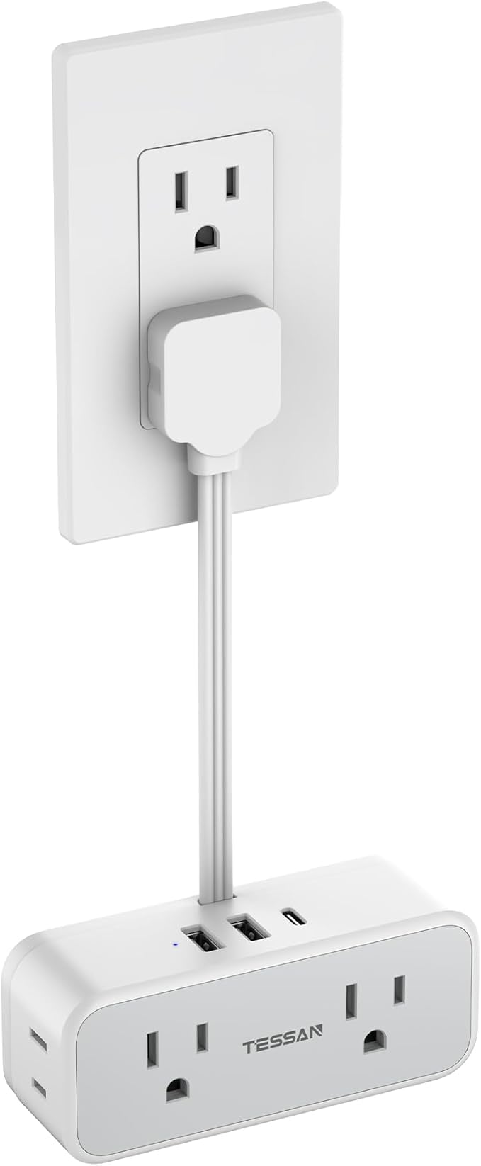 TESSAN Multi Plug Wall Outlet Extender, 6 inch Short Extension Cord, Flat Plug Splitter with 4 AC 3 USB (1 USB C) Charging Ports, Multiple Outlet Small Power Strip for Home Office Dorm Room