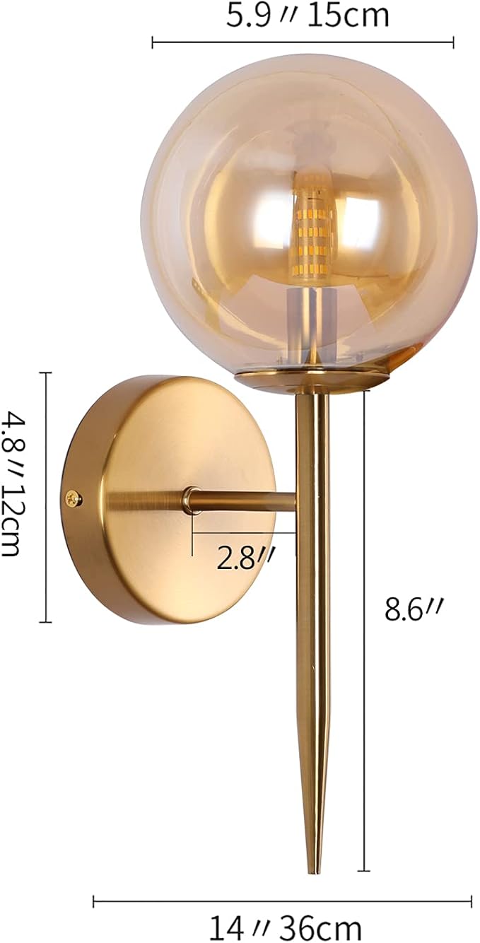 SeeU Gold Wall Sconces Mid Century Style Set of 2,Brass Wall Lamp Fixture,Vanity Light Fixture Wall Lamp with Amber Globe