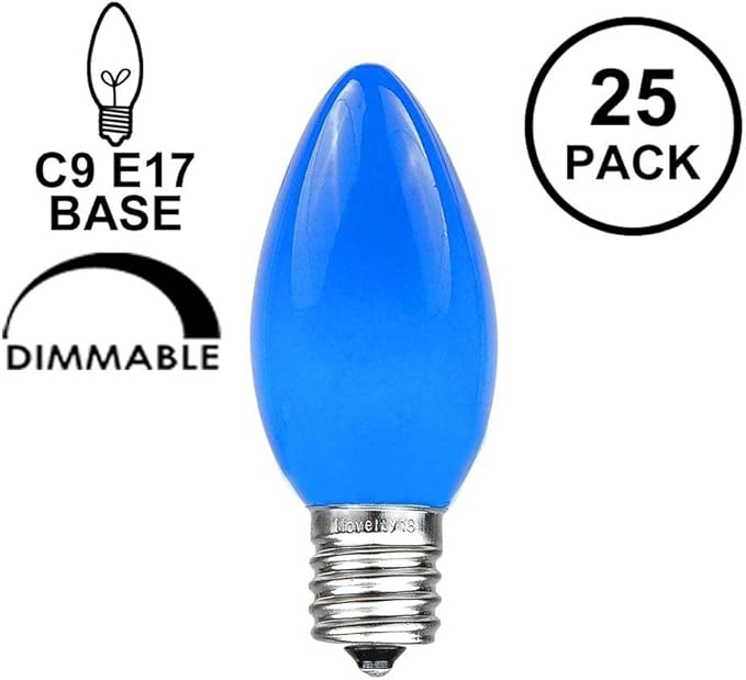 Novelty Lights 25 Pack C9 Ceramic Outdoor Christmas Replacement Bulbs, Blue, E17/C9 Intermediate Base, 7 Watt