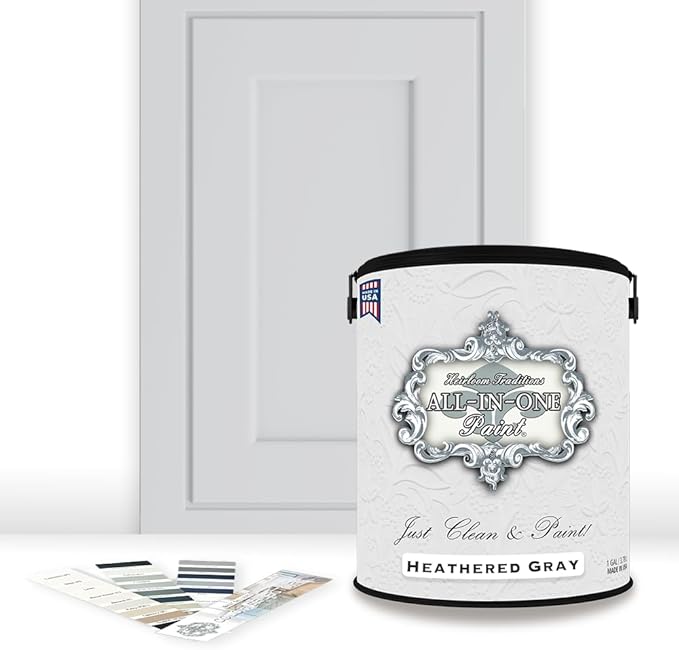 ALL-IN-ONE Paint, Durable cabinet and furniture paint. Built in primer and top coat, no sanding needed. Includes our 30 featured color card - Heathered Gray, Gallon