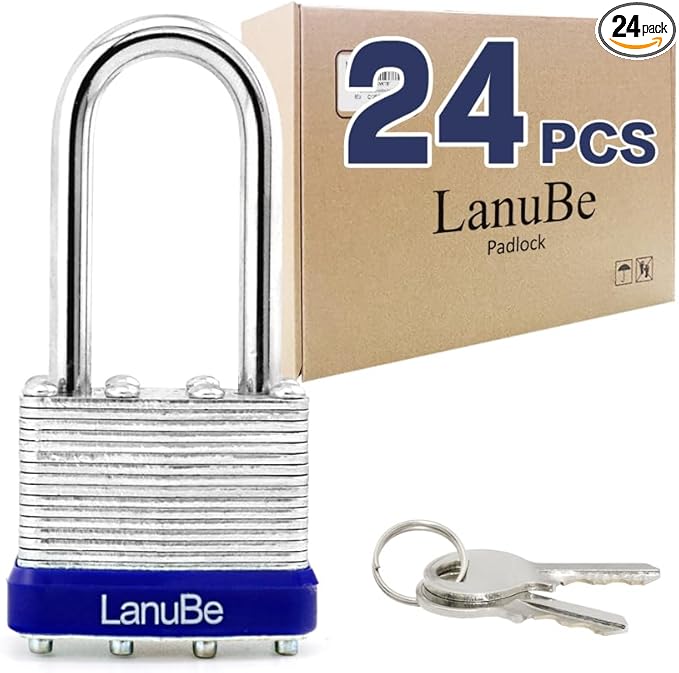 LanuBe Laminated Padlock 1-9/16inch (40mm) Long Shackle 24 Pack Keyed Alike, Blue Plastic Hoop, Bulk Locks for Warehouse, School