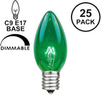 Novelty Lights Incandescent Christmas Replacement Bulbs - Indoor/Outdoor Individual Bulbs for Christmas Tree, Display, & More - C9/E17 Intermediate Base, 7 Watt Lights (Green, 25 Pack)