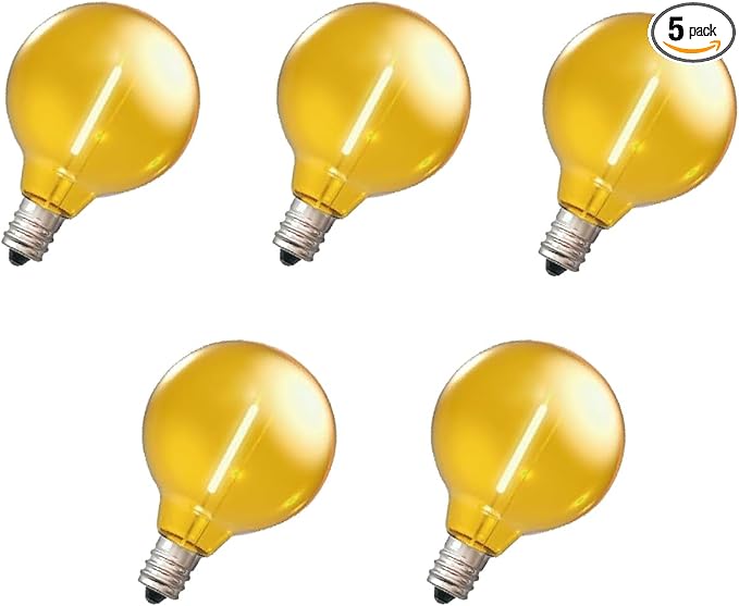 5 Pack G40 Yellow LED Replacement Christmas Light Bulbs,E12 Candelabra Base, Shatterproof Plastic, for Christmas Outdoor String Lights (5 PCS)