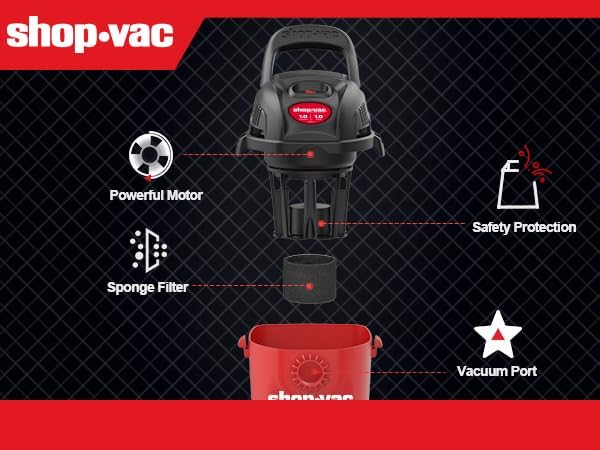 Shop-Vac 2021000 1 Gallon 1 Peak Wet/Dry Vac, Portable Compact Micro Vacuum with Collapsible Handle Wall Bracket & Multifunction Accessories Uses Type A Filter Bag & Type MM Foam Sleeve