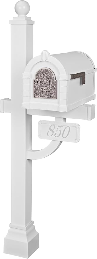 Gaines - Keystone Deluxe Post and Mailbox Package with Personalized Address Plaque and Decorative Cuff (White with Satin Nickel Eagle)