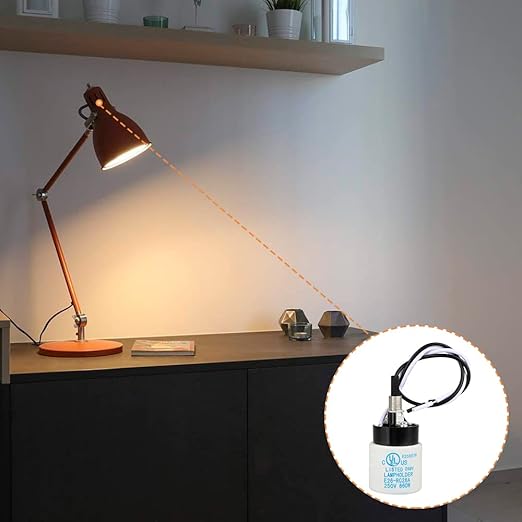 Helunsi E26 E27 Ceramic Lamp Socket with Rotary Knob Switch, Universal Replacement Porcelain ON OFF Turn Switch Light Bulb Socket, E26 Medium Base Lamp Holder with Threaded Nuts and Wire Lead - 1 Pack