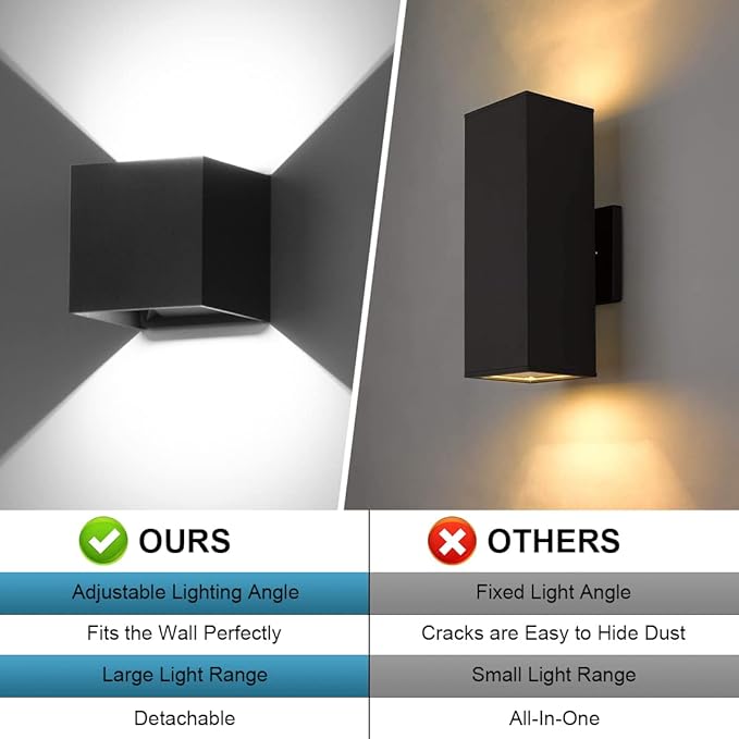 BIRTALO 20 Watt LED Up and Down Outdoor Wall Lights Adjustable 6500K Modern Wall Sconce Square Waterproof Black Aluminum Exterior/Interior Porch Lighting for Living Room,Gardens,Stairs,2 Pack