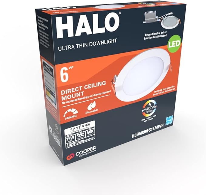 HALO HLB Recessed Lighting 6 Inch LED Thin Canless, Dimmable w/Selectable Color Temperatures, 4-Pack - HLB6099FS1EMWR-4PK
