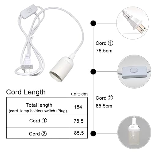 Pendant Light Sockets, Sopoby 4-Pack Hanging Lamp Socket for E26 / E27 Base Bulbs, 5.9ft Light Cord Kit with On/Off Switch, White