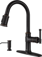 Antique Oil Rubbed Bronze Kitchen Sink Faucet with Soap Dispenser, DAYONE Pull Down Farmhouse Faucet for Sink with 3 Mode Sprayer, Single Handle High Arc, DAY-APS136-ORB
