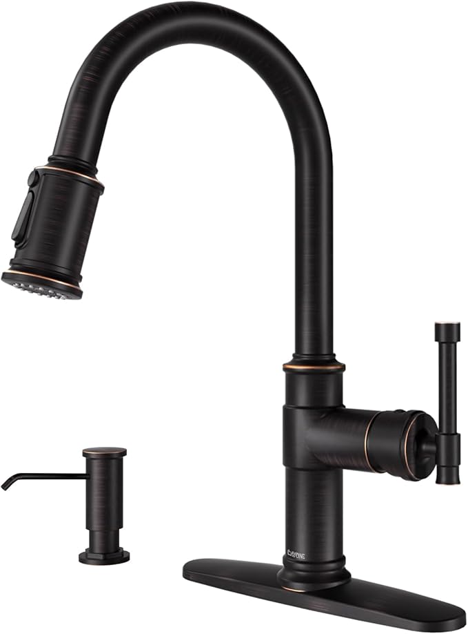 Antique Oil Rubbed Bronze Kitchen Sink Faucet with Soap Dispenser, DAYONE Pull Down Farmhouse Faucet for Sink with 3 Mode Sprayer, Single Handle High Arc, DAY-APS136-ORB