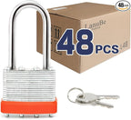 LanuBe Lock Laminated keyed Padlock (1-9/16", 40mm), keyed Alike Locks, Long Shackle,Marked Orange Plastic Hoop, Pack of 48