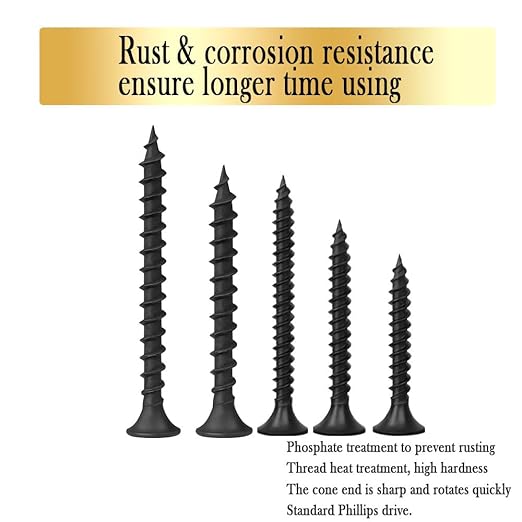 Drywall Screws Assortment Kit, #6#7 Black Wood Screws for Drywall, Phosphate Coated Finish, Fine Thread Sheetrock Screws Set, Phillips Bugle Head Self Tapping Dry Wall Screws, 148 Pcs