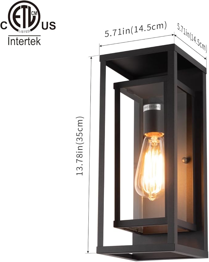 mirrea 14" Classic Outdoor Wall Sconce 1 Light in Matte Black Rectangular Metal Frame and Clear Glass Shade Waterproof Porch Light Patio Light Pack of 2