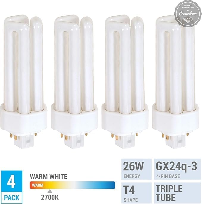 KOR (Pack of 4 26 Watt Triple Tube - GX24Q-3 (4 Pin) Base -3500K White - CFL Light Bulb - Philips 268243 PL-T 26W/35/4P/ALTO - GE 97616 F26TBX/835/A/ECO