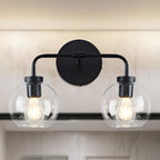Globe Shade with Brass Accents Double Light Sconce, Chrome Bathroom Sconces, Indoor Sconce Wall Lights, 17.5" w x 10.5" d x 12.5" h (Matte-Black)