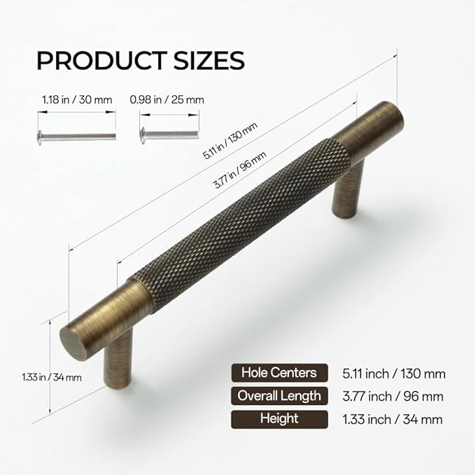 Solid Brass Cabinet Pulls, Knurled Cabinet Pull, Antique Brass Drawer Handles for Bathroom, Bedroom, Kitchen (2, 5.12inch/130mm)