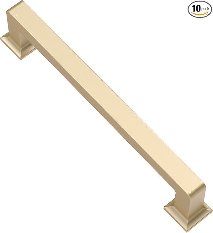Alzassbg 10 Pack Brushed Gold Cabinet Pulls, 5 Inch(128mm) Hole Centers Cabinet Handles Square Kitchen Hardware for Cabinets AL3046BG