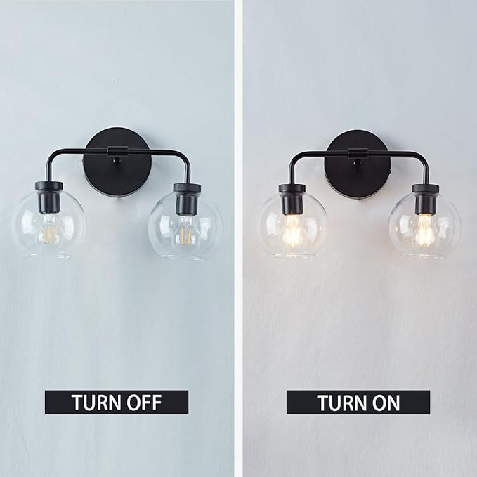 Globe Shade with Brass Accents Double Light Sconce, Chrome Bathroom Sconces, Indoor Sconce Wall Lights, 17.5" w x 10.5" d x 12.5" h (Matte-Black)