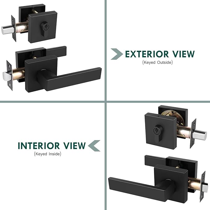 2 Pack Keyed Entry Door Lock with Deadbolt Set, Reversible Passage Lever and Keyed Alike Double Cylinder Deadbolt, Matte Black Square Handleset for Bedroom, Front Door