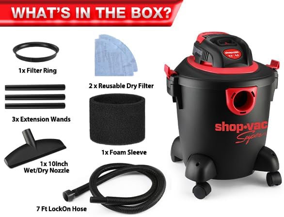 Shop-Vac 2035089 Wet/Dry Vacuum Cleaner, 5 Gallon, 3.0 Peak HP, 1.25 Inch Diameter x 7 Foot Hose, 7 Foot Cord, Ideal for Jobsite, Garage & Workshop