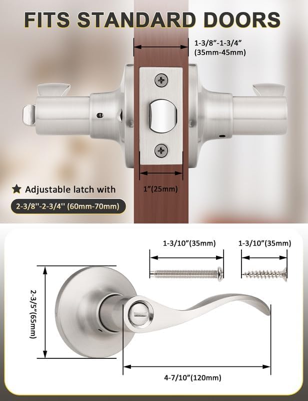 Mengico 2 Pack Satin Nickel Privacy Door Lever, Modern Interior Door Knobs Locks for Bedroom and Bathroom, Heavy Duty Door Handle, Reversible Wave Lever Handle