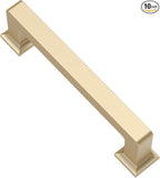 Alzassbg 10 Pack Brushed Gold Cabinet Pulls, 3-3/4 Inch(96mm) Hole Centers Cabinet Handles Square Kitchen Hardware for Cabinets AL3046BG