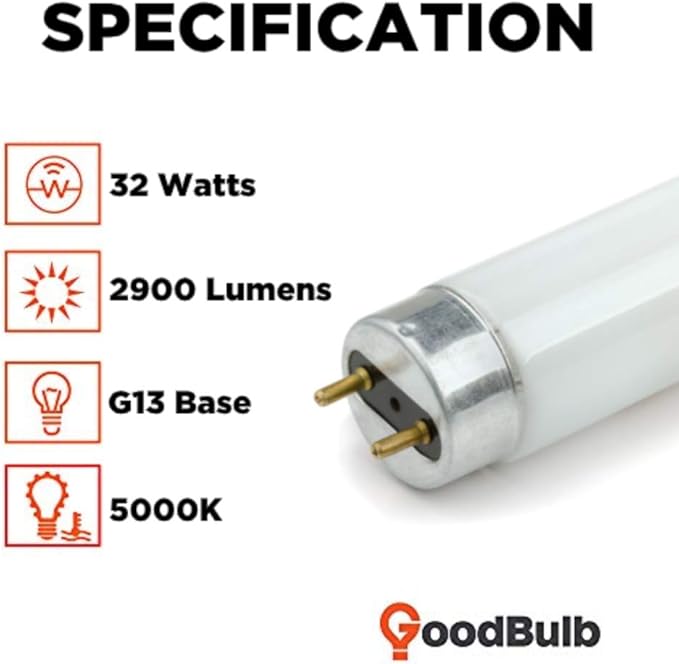 GoodBulb 48-Inch T8 Fluorescent Light Bulbs 32-Watt, 5000K Daylight White Color, 2900-Lumens, G13 Medium Bi-Pin Base (Pack of 25 Bulbs)