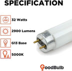 GoodBulb 48-Inch T8 Fluorescent Light Bulbs 32-Watt, 5000K Daylight White Color, 2900-Lumens, G13 Medium Bi-Pin Base (Pack of 25 Bulbs)