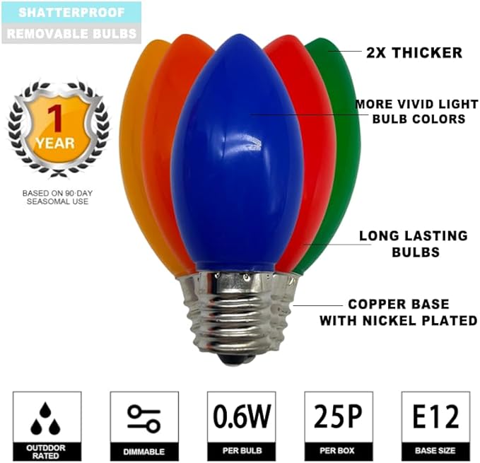 25 Pack C9 LED Replacement Christmas Light Bulbs, E17 Base Led Bulb Outdoor Christmas Lights, Waterproof Commercial Grade Holiday Decoration Replacement Bulbs for String Lights (Blue)