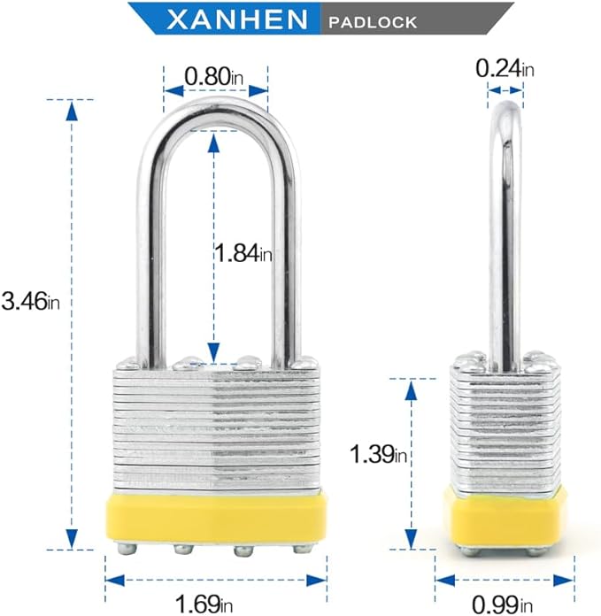 Keyed Alike Laminated Steel Padlocks with Long Shackle for Sheds, Fences & Lockers (6-Pack)