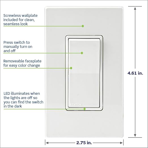 Leviton Decora Smart Switch, Wi-Fi 2nd Gen, Neutral Wire Required, Works with Matter, My Leviton, Alexa, Google Assistant, Apple Home/Siri & Wired or Wire-Free 3-Way, D215S-1RW, White