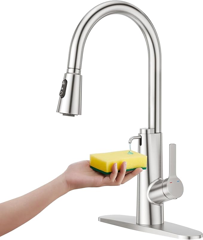CREA 2 in 1 Kitchen Faucets with Soap Dispenser Built-in and Pull Down Sprayer,Single Handle Bar Sink Faucet 1 Hole Utility Laundry Commercial Faucet Brushed Nickel Stainless Steel