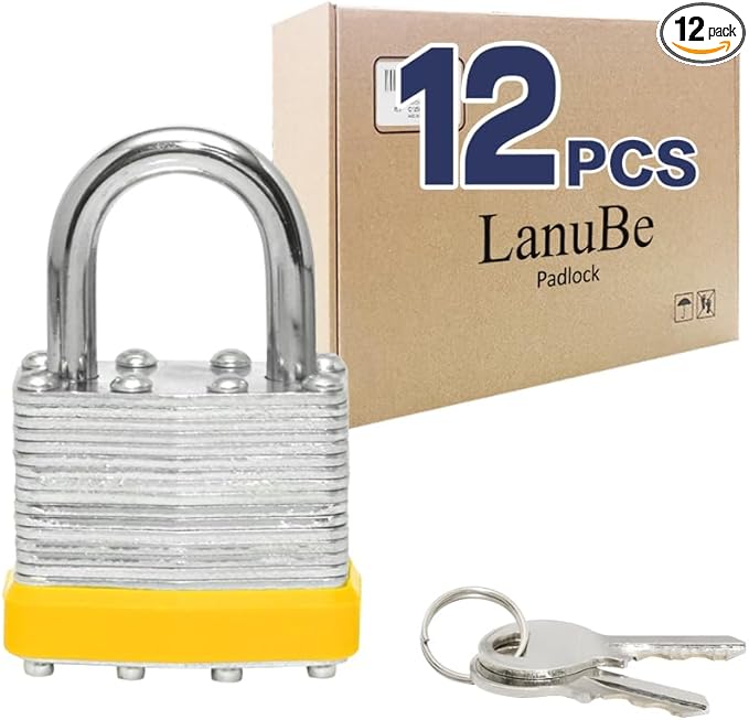 LanuBe Lock Laminated keyed Padlock (1-9/16", 40mm), keyed Alike Locks, Normal Shackle,Marked Yellow Plastic Hoop, Pack of 12