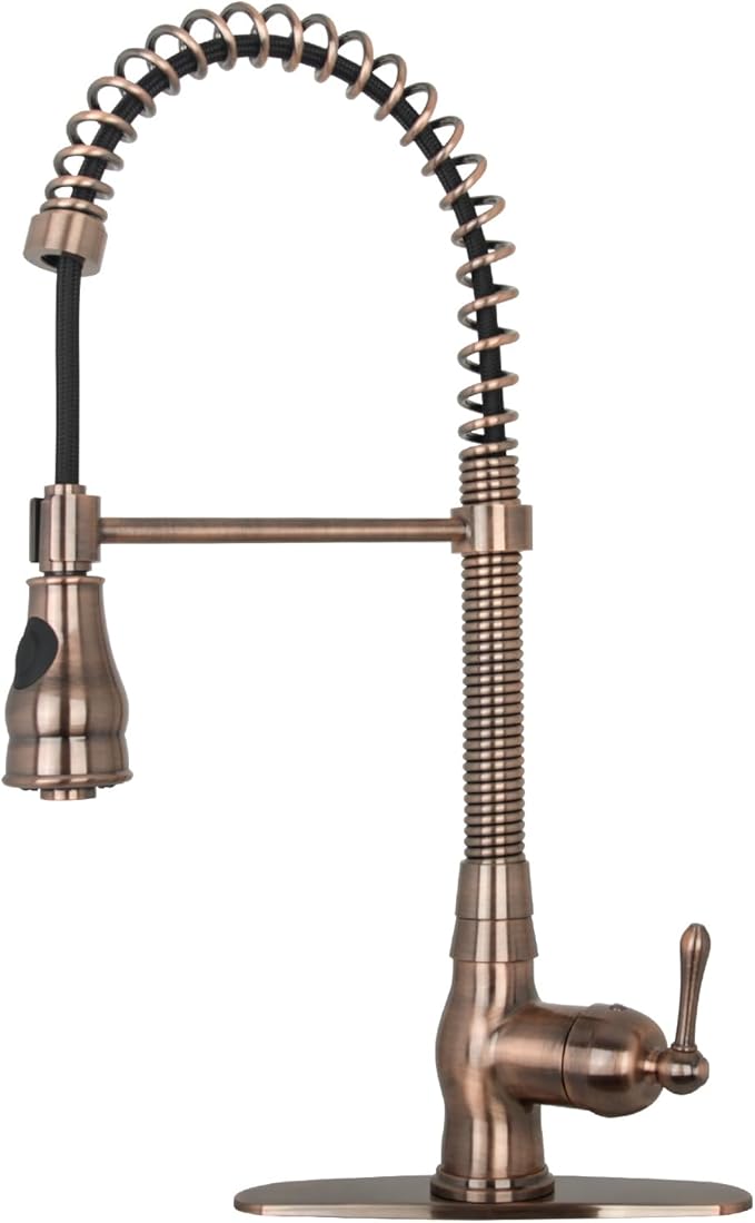 Pre-Rinse Spring Kitchen Faucet, Single Level Solid Brass Kitchen Sink Faucets with Pull Down Sprayer (Antique Copper)
