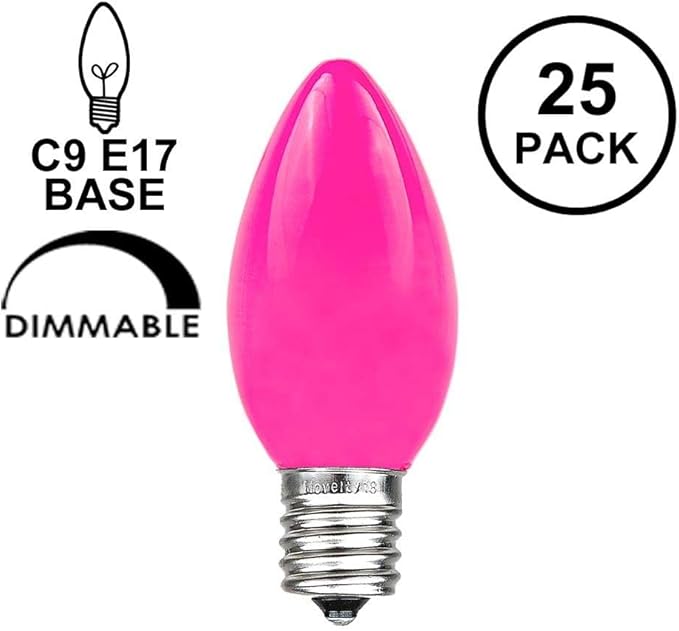 Novelty Lights 25 Pack C9 Ceramic Outdoor Christmas Replacement Bulbs, Pink, E17/C9 Intermediate Base, 7 Watt