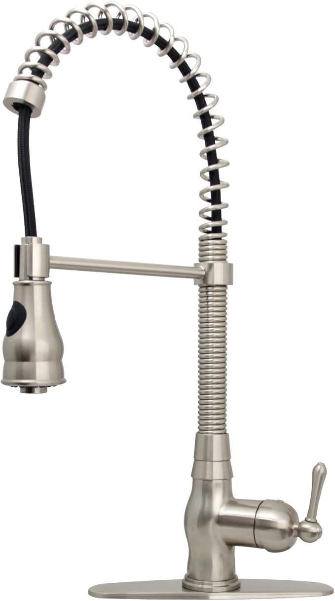 Akicon Pre-Rinse Spring Kitchen Faucet, Single Handle Solid Brass High Arc Pull Down Sprayer Head Kitchen Sink Faucet with Deck Plate