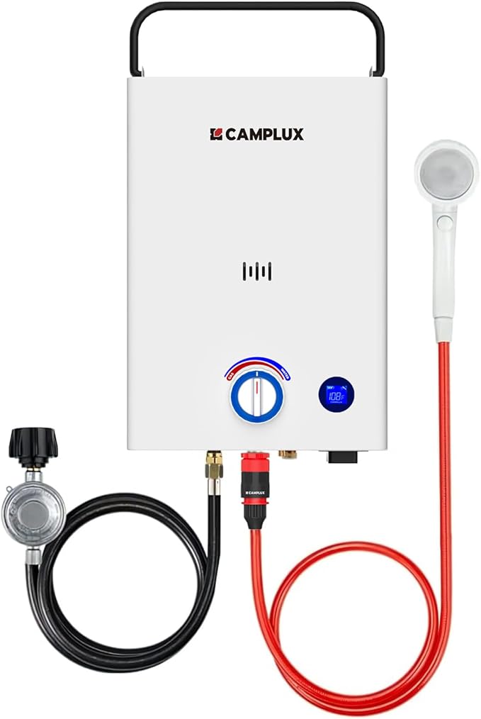 CAMPLUX First F10 Tankless Water Heater with 3-Level Adjustable & Foldable Handle, 2.64GPM, Screw-Free Design, 68,000 BTU Outdoor Portable Propane Water Heater for Camping, LED Digital Display, White