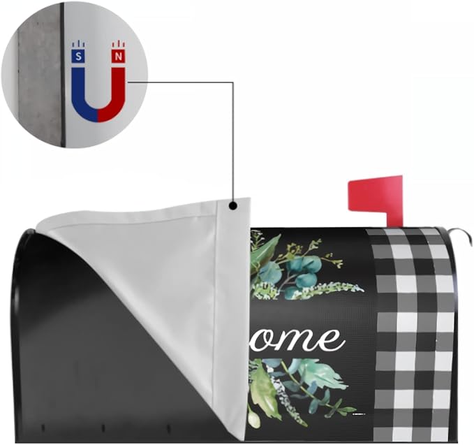 Kawani Buffalo Plaid Mailbox Cover - Black & White Plaid with Leaves - Magnetic Welcome - Standard Size 21 x 18 Inches