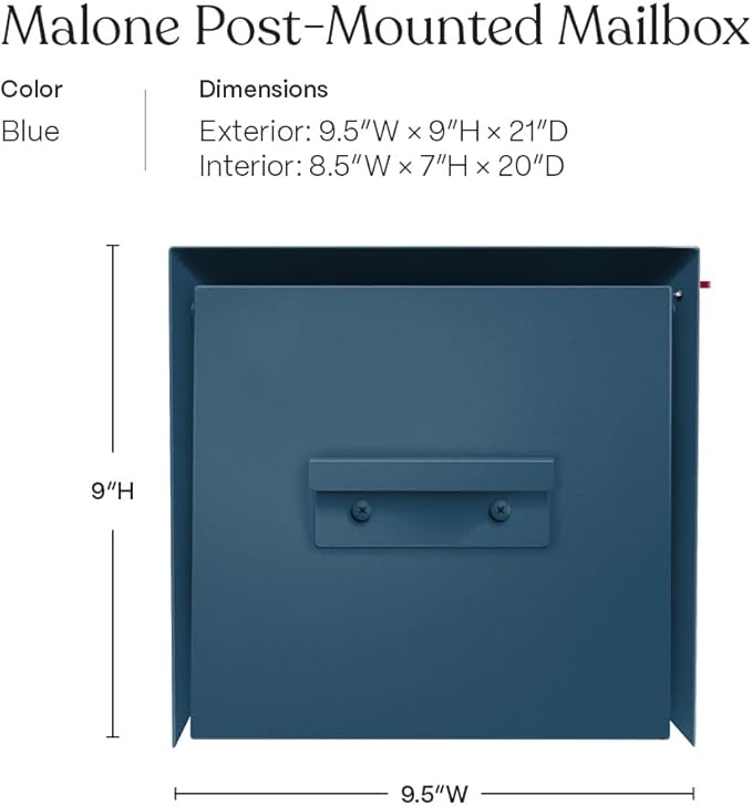 post & porch Malone Mailbox | Post Mounted Mailbox | Black/White/Gray/Brown/Red/Blue/Green, Regular or Large, Weatherproof Mail Box for Outside, Customizable (Blue, Regular)