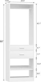 Unikito 25” W x 80'' H Closet Organizer Storage with Hanging Rod and 2 Wooden Drawer, Adjustable Angled Shoes Rack, Sturdy Garment Racks, Walk-in Closet Tower for Bedroom, Mudroom, and Entryway, White
