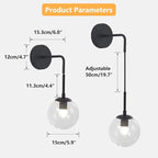 KCO Lighting Black Globe Wall Sconce Set of 2 Mid Century Modern Wall Light with Clear Glass Shade Vintage Adjustable Wall Lamp for Bathroom Mirror Bedside Stairs (Clear)