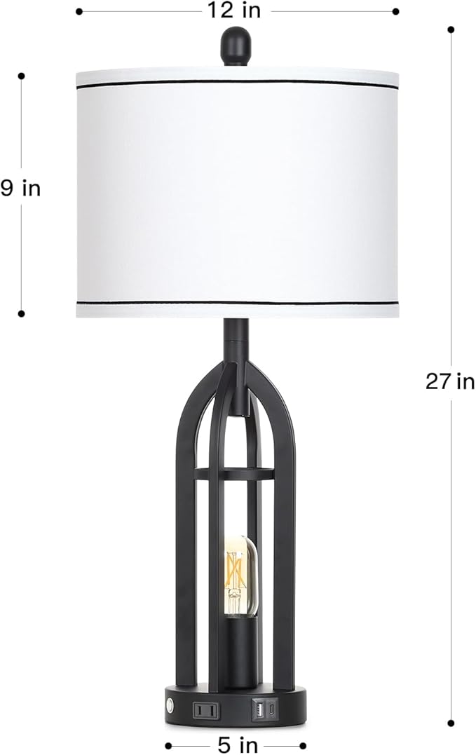 27" Tall Vintage Table Lamp with USB C+A & Outlet,Black Industrial End Table Lamp for Living Room,Farmhouse Rustic Bedside Lamps with Night Light for Bedroom Nightstand,Black（2 LED Bulbs Included）