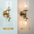 Minimalist Aged Brass Metal Double Wall Sconce, Modern Durable Ribbed Glass Shades Vanity Light, Bathroom Wall Mounted Light Beside Mirror, Wall Light for Hallway, Living Room (Brass)