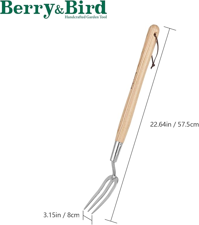 Berry&Bird Gardening Hand Fork, 22.6 Inches Long Handled Stainless Steel Weed Fork, Traditional Garden Hand Fork Tool with Ergonomic Ash Wood Handle for Weeding, Digging, Planting and Cultivating