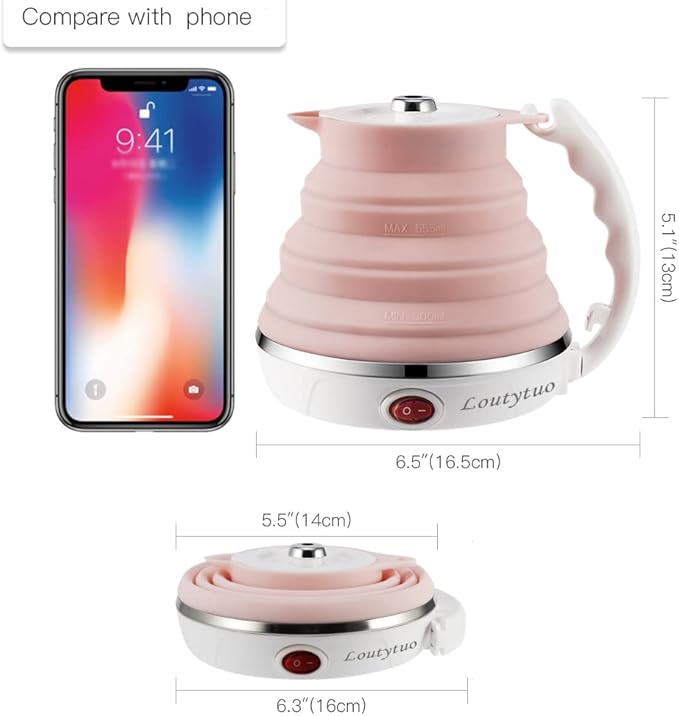 Ultrathin Upgraded Food Grade Silicone Travel Foldable Electric Kettle Boil Dry Protection Portable with Dual Voltage and Separable Power Cord,555ML 110-220V US Plug